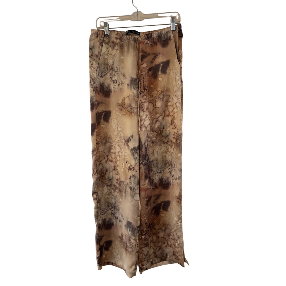 Zara Womens Brown Abstract Marble Print Wide Leg Satin Pants Small